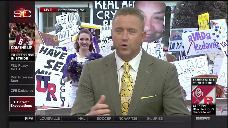Illustration for article titled Lee Corso Does Butt Chugs: Today's James Madison College GameDay Sign Roundup